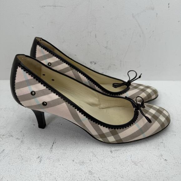 Burberry Nova Check Bow Heels Size 38.5 US 8 Pink Plaid Canvas Pumps Kitten Heel - Picture 4 of 9